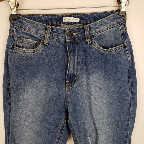 Avec Les Filles Straight Leg Jeans High Rise Distressed Split Hem Womens Size 2 - Picture 5 of 11